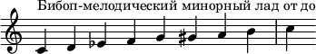 {
\override Score.TimeSignature #'stencil = ##f
\relative c' {
\clef treble \time 8/4
c4^\markup { Бибоп-мелодический минорный лад от до } d es f g gis a b c
} }