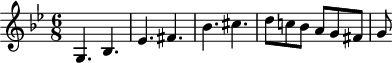 \header { tagline = ##f }
\score {
<<
\relative c'' {
\key g \minor
\time 6/8
\tempo 4. = 80
\set Staff.midiInstrument = #"harpsichord"
%% K30 theme
g,4. bes ees fis bes cis d8 c! bes a g fis g
}
>>
\layout { \context { \Score \remove "Metronome_mark_engraver" } }
\midi {}
}
