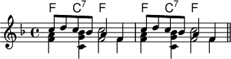 \header { tagline = ##f }
global = { \key f \major \time 4/4 }
firstP = \relative c'' { \global \repeat unfold 2 { \stemUp c8 d c bes a4 f } \bar "||" }
secondP = \relative c'' { \global \repeat unfold 2 { \stemDown <a f>4 <bes g c,> <c f,>2 } }
thirdP = \relative c' { \global \repeat unfold 2 { \stemDown s2. f4 } }
first = \relative c' { \global \repeat unfold 2 { f4\fff g a f } }
second = \relative c'' { \global \repeat unfold 2 { a4 bes c2 } }
third = \relative c'' { \global \repeat unfold 2 { c8 d c bes a4 f } }
fourth = \relative c' { \global \repeat unfold 2 { f4\pppp c f2 } }
kords = \chordmode { \repeat unfold 2 { f4 c:7 f2 } }
\score {
<<
\new ChordNames { \kords }
\new Staff << \firstP \\ \secondP \\ \thirdP >>
>>
\layout { }
}
\score {
<<
\new Staff \with { midiInstrument = "trumpet" } \new Voice \first
\new Staff \with { midiInstrument = "violin" } \new Voice \second
\new Staff \with { midiInstrument = "celesta" } \new Voice \third
\new Staff \with { midiInstrument = "tuba" } \new Voice \fourth
>>
\midi { \tempo 4=102 }
}