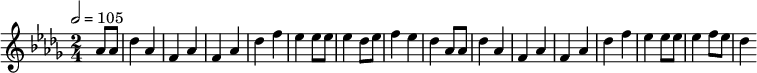 \relative c'' {
\set Staff.midiInstrument = #"piano"
\tempo 2 = 105
\key des \major
\time 2/4
\partial 4 as8 as des4 as f as f as des f es es8 es es4 des8 es f4 es des as8 as des4 as f as f as des f es es8 es es4 f8 es8 des4
}
