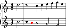 \new PianoStaff <<
\new Staff <<
\relative c'' {
\clef treble \key c \major \time 4/2
\partial2 d2~ d c4 d e f g e
}
>>
\new Staff <<
\relative c'' {
\clef treble \key c \major \time 4/2
\partial2 b2~ b4 \once \override NoteHead.color = #red a a2 g e
}
>>
>>