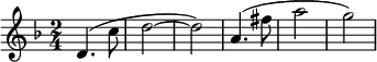 \relative c'
{
\clef treble \key f \major \time 2/4 d4.( c'8 d2~ d) a4.( fis'8 a2 g)
}