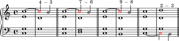 \new PianoStaff <<
\new Staff <<
\new Voice \relative c'' {
\stemUp \clef treble \key c \major \time 4/4
c1^~ \once \override NoteHead.color = #red c2^\markup { " 4 – 3" } b2
c1^~ \once \override NoteHead.color = #red c2^\markup { " 7 – 6" } b2
c1^~ \once \override NoteHead.color = #red c2^\markup { " 9 – 8" } b2
c1 d^\markup { " 2 – 3" }
}
\new Voice \relative c' {
\stemDown
e1 d
e d
e d
e d
}
>>
\new Staff <<
\new Voice \relative c' {
\clef bass \key c \major \time 4/4
\stemUp g1 s
g f
g g
g g
}
\new Voice \relative c {
\clef bass \key c \major \time 4/4
\stemDown c1 g' \bar "||"
c, d \bar "||"
c b \bar "||"
c_~ \once \override NoteHead.color = #red c2 b \bar "||"
}
>>
>>