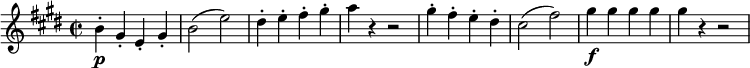 \relative b' {
\key e \major \time 2/2
\set Score.tempoHideNote = ##t \tempo 1 = 116
\set Staff.midiInstrument = "violin"
b4-.\p gis-. e-. gis-. |
b2(e) |
dis4-. e-. fis-. gis-. |
a4 r r2 |
gis4-. fis-. e-. dis-. |
cis2(fis) |
gis4\f gis gis gis |
gis r4 r2 |
}