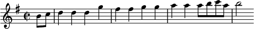 \relative a' {
\set Staff.midiInstrument = #"recorder"
\set Score.tempoHideNote = ##t
\tempo 4 = 145
\key g \major
\time 2/2
\partial 4
b8 c
d4 d d g fis fis g g a a a8 b c a b2 }