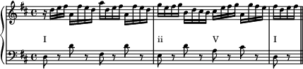 { <<
\new PianoStaff <<
\new Staff \with{ \magnifyStaff #2/3 } \relative c' {
\key d \major \clef treble \set Score.tempoHideNote = ##t \tempo 4 = 90
r16 d' e fis a, fis' e d a' d, e fis a, fis' e d |
g e fis g b, d cis b cis e fis g a, g' fis e |
fis d e fis \bar "||"
}
\new Staff = "bass" \with{ \magnifyStaff #2/3 } \relative c' {
\key d \major \clef bass
d,8 r d' r fis, r d' r |
e, r d' r a r cis r |
d, r
}
\addlyrics \with { alignAboveContext = "bass" \override VerticalAxisGroup.nonstaff-relatedstaff-spacing = #'((basic-distance . 3)) } { \override LyricText.font-size = #-2 I _ _ _ ii _ V _ I }
>> >> }