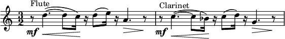 \relative c' { \clef treble \time 3/2 r8\mf^"Flute" d'4.~(\< d8 c16)\! r16 d8( e16) r16 a,4.\> r8\! r8\mf^"Clarinet" c4.~(\< c8 bes16)\! r16 c8( d16) r16 g,4.\> r8\!}
