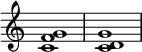 {
\override Score.TimeSignature #'stencil = ##f
\relative c' {
\clef treble
\time 4/4
\key c \major
<c f g>1 <c d g>1
} }