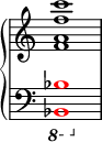 { \override Score.TimeSignature #'stencil = ##f
\new PianoStaff <<
\new Staff <<
\relative c' {
\stemUp \clef treble \key c \major \time 4/4
<f a f' c'>1
}
>>
\new Staff <<
\relative c, {
\clef bass \key c \major \time 4/4
\ottava #-1 \once \override NoteHead.color = #red <bes bes'>1
}
>>
>>
}