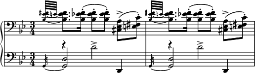 
{
\new PianoStaff
<<

\new Staff = "up" {
\clef bass
\key g \minor
\time 3/4
\set Score.tempoHideNote = ##t
\tempo 4 = 44
\set tieWaitForNote = ##t
\tieDown
\grace { < bes~ es'~ fis' >64[ e'] } < bes es' fis' >8. <bes es' fis' >16-.( < bes es' fis' >8-.[ <bes es' fis'>-.]) 
<cis es a>->(  <e fis c'>-.)
\grace { < bes~ es'~ fis' >64[ e'] } < bes es' fis' >8. <bes es' fis' >16-.( < bes es' fis' >8-.[ <bes es' fis'>-.]) 
<cis es a>->(  <e fis c'>-.)
}

\new Staff = "down" {
\clef bass
\key g \minor
\time 3/4
<< { \tieDown \slashedGrace { g,32~ } < g, d >2 d,4 \slashedGrace { g,32~ } < g, d >2 d,4  } \\ { e'4\rest \dotsUp d'2^> e'4\rest d'2^> } >>
}

>>
}
