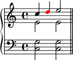 \new PianoStaff <<
\new Staff <<
\new Voice \relative c'' {
\clef treble \key c \major \time 4/4
\stemUp c4 \once \override NoteHead.color = #red d e2
}
\new Voice \relative c' {
\stemDown e2 e
}
>>
\new Staff <<
\relative c {
\clef bass \key c \major \time 4/4
<c g'>2 <c g'> \bar "||"
}
>>
>>