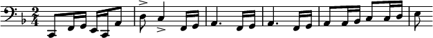 \relative c { \clef bass \key f \major \time 2/4 c,8 f16 g e c a'8 d-> c4-> f,16 g a4. f16 g a4. f16 g a8 a16 bes c8 c16 d e8 }