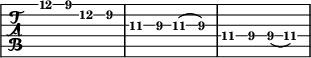 \new TabStaff {
\relative c'' {
e des b\2 as\2
ges\3 fes\3 ges\3( fes\3)
des\4 ces\4 ces\4( des\4)
}
}