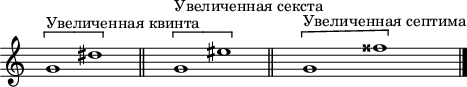 
\header {
  tagline = ##f
}

\score {
  \new Staff \with {
     \remove "Time_signature_engraver"
  }
<<
  \relative c'' {
    \key c \major
    \time 32/1
    %\set Staff.midiInstrument = #"violin" 
    \override TupletBracket #'bracket-visibility = ##f 
    %\autoBeamOff

     %%%%%%%%%
     s4 \[ g1^"Увеличенная квинта" dis' \] s4 \bar "||" s2 \[ g,1^"Увеличенная секста" eis' \]  s4 \bar "||" s2 \[ g,1^"Увеличенная септима" fisis' \]  s4 \bar "||"     
     \bar "|."

  }
>>
  \layout {
     \context { \Score \remove "Metronome_mark_engraver" }
  }
  \midi {\tempo 1=54}
}
