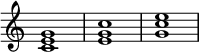 \new Staff \with {\remove "Time_signature_engraver"} {
< c' e' g' >1
< e' g' c'' >1
< g' c'' e'' >1 }