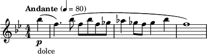 \relative c''' { \key bes \major \numericTimeSignature \time 4/4 \tempo "Andante" 4=80 \partial 4*1 bes4\p_"dolce"( | f4.) bes8( f bes f ges | aes4 ges8 f ges4 bes | f1) }