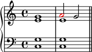 \new PianoStaff <<
\new Staff <<
\new Voice \relative c'' {
\clef treble \key c \major \time 4/4
\stemUp g1 \once \override NoteHead.color = #red a2 g
}
\new Voice \relative c' {
\stemDown e1 e
}
>>
\new Staff <<
\relative c {
\clef bass \key c \major \time 4/4
<c g'>1 <c g'> \bar "||"
}
>>
>>