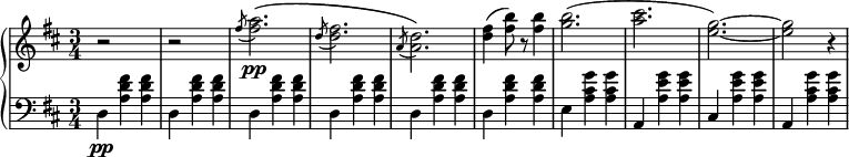 \relative b' {
\new PianoStaff <<
\new Staff { \key b \minor \time 3/4 \set Score.tempoHideNote = ##t \tempo 4 = 120
\tempo \markup { \column { \line { Moderate waltz tempo } } }
r2 s4 r2 s4 \slashedGrace fis'8( <fis a>2.\pp)\( \slashedGrace d8( <d fis>2.) \slashedGrace a8( <a d>2.)\) <d fis>4( <fis b>8) r <fis b>4 <g b>2.( <a cis>2. <e g>2.~) <e g>2 r4
}
\new Dynamics { }
\new Staff { \key b \minor \time 3/4 \clef bass
d,,4\pp <a' d fis> <a d fis> d, <a' d fis> <a d fis> d, <a' d fis> <a d fis> d, <a' d fis> <a d fis> d, <a' d fis> <a d fis> d, <a' d fis> <a d fis> e <a cis g'> <a cis g'> a, <a' e' g> <a e' g> cis, <a' e' g> <a e' g> a, <a' cis g'> <a cis g'>
}
>>
}