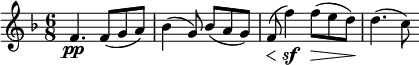 
    \relative c' {
        \set Score.currentBarNumber = #37
        \key f \major
        \time 6/8

        f4.\pp f8( g a)
        bes4( g8) bes( a g)
        \override DynamicLineSpanner.staff-padding = #2
        f(\< f'4)\sf f8(\> e d)\!
        d4.( c8)
    }
