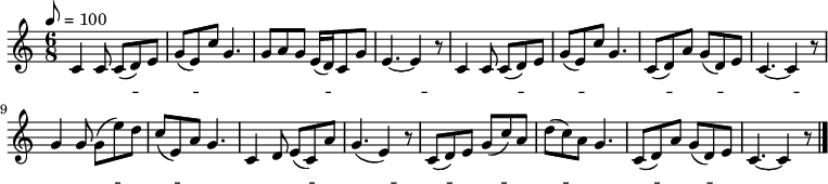 
 \relative c' {
  \new PianoStaff <<
   \new Staff { \key c \major \time 6/8 \tempo 8 = 100
   c4 c8 c( d) e | g( e) c' g4. | g8 a g e16( d) c8 g' | e4. ~ e4 r8 |
   c4 c8 c( d) e | g( e) c' g4. | c,8( d) a' g( d) e | c4. ~ c4 r8 |
   g'4 g8 g( e') d | c( e,) a g4. | c,4 d8 e( c) a' | g4.( e4) r8 |
   c( d) e g( c) a | d( c) a g4. | c,8( d) a' g( d) e | c4. ~ c4 r8 \bar "|."
   }
   \addlyrics {
   い の ち -- み じ -- か し こ い せ よ -- お と め --
   あ か き -- く ち -- び る あ -- せ ぬ -- ま に --
   あ つ き -- ち し -- お の ひ え ぬ -- ま に --
   あ -- す の -- つ き -- ひ は な -- い も -- の を --
   }
  >>
 }
