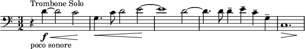\relative c' { \time 3/2 \clef bass r4^"Trombone Solo"_"poco sonore" d4\f\< ~ d2 c2\! g4.\< c8 d2 e2\! ~ e1 d2 ~ d4. d8 d4-- e4-- c4-- g4-- << {c,1.} \new Voice {s2\> s2 s2\!}>> }