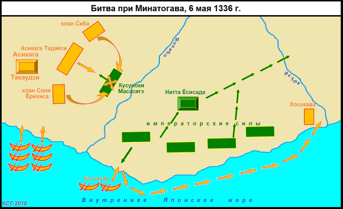 Схема битвы при Минатогава 1336 г.