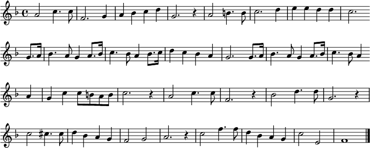{
\clef treble \key f \major \tempo 4=100 \set Staff.midiInstrument = "piano" {
\set Score.tempoHideNote = ##t
\override Score.BarNumber #'transparent = ##t
\time 4/4
\transpose c c'
\relative
{ a2 c4. c8 | f,2. g4 | a bes c d | g,2. r4 | a2 b4. b8 | c2. d4 | e e d d | c2. \bar"" \break
g8. a16 | bes4. a8 g4 a8. bes16 | c4. bes8 a4 bes8. c16 | d4 c bes a | g2. g8. a16 | bes4. a8 g4 a8. bes16 | c4. bes8 a4 \bar"" \break
a | g c c8 b a b | c2. r4 | a2 c4. c8 | f,2. r4 | bes2 d4. d8 | g,2. r4 | \break
c2 cis4. cis8 | d4 bes a g | f2 g | a2. r4 | c2 f4. f8 | d4 bes a g | c2 e, | f1 \bar "|."}
}
}
